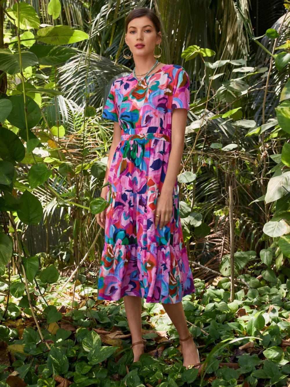 Johnny Was Smocked Tiered Midi Dress with Slip size. XS